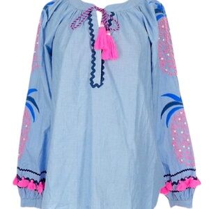 Lilly Pulitzer Embroidered Chambray Blue & Hot Pink Boho Blouse w Tassel Ties